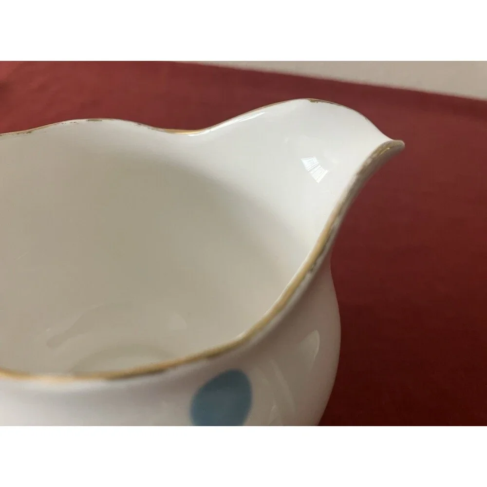 Vintage 1960s Royal Vale Bone China Blue & White Polka Dot Creamer Gold Trim